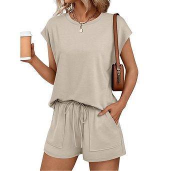 Women's Casual Short Sleeve T-Shirt and Drawstring Shorts Set 2 pc Outfit
