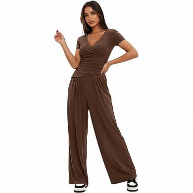 Women's Short Sleeve V-Neck Top and Wide Leg Pants Set Casual 2-Piece Outfit