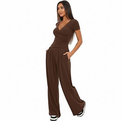 Women's Short Sleeve V-Neck Top and Wide Leg Pants Set Casual 2-Piece Outfit