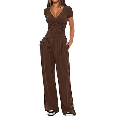 Women's Short Sleeve V-Neck Top and Wide Leg Pants Set Casual 2-Piece Outfit