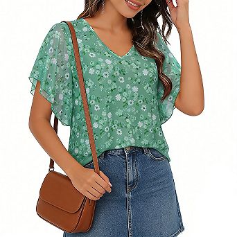 Women's Floral Print V-Neck Blouse Ruffled Flutter Sleeve Top Casual Loose Fit Summer Shirt