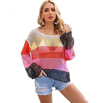 Women's Hollow Knit Long Sleeve Beach Cover-Up Sweater Rainbow Style Swim Cover-Up