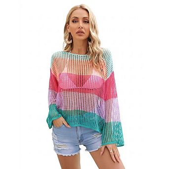 Women's Hollow Knit Long Sleeve Beach Cover-Up Sweater Rainbow Style Swim Cover-Up