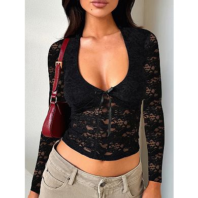 Women's U-Neck Long Sleeve Lace T-Shirt Top
