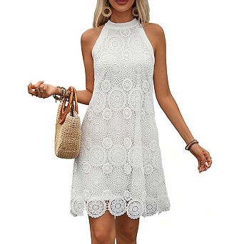 Women's Halter Neck Sleeveless White Babydoll Beach Dress