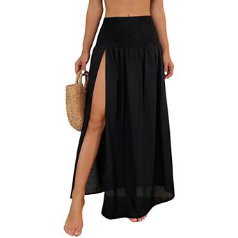 Women's High Waisted Smocked Maxi Skirt with Side Slits Flowy Bohemian Long Skirt for Summer Beach