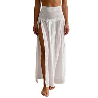 Women's High Waisted Smocked Maxi Skirt with Side Slits Flowy Bohemian Long Skirt for Summer Beach