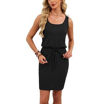Womens Casual Summer Dress Knit Belted Tank Style High Waisted Square Neck Sleeveless A Line
