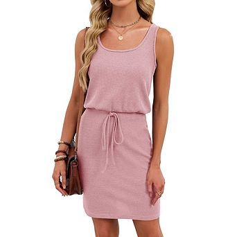 Womens Casual Summer Dress Knit Belted Tank Style High Waisted Square Neck Sleeveless A Line