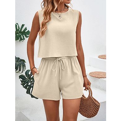 Women's Sleeveless Crewneck Top and Drawstring Shorts Linen Blend 2-Piece Set