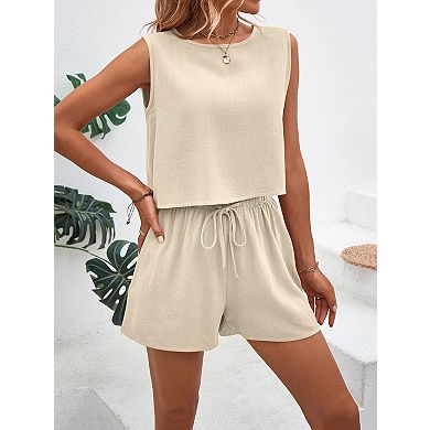 Women's Sleeveless Crewneck Top and Drawstring Shorts Linen Blend 2-Piece Set