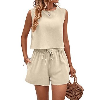 Women's Sleeveless Crewneck Top and Drawstring Shorts Linen Blend 2 pc Set