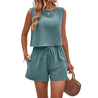 Women's Sleeveless Crewneck Top and Drawstring Shorts Linen Blend 2 pc Set