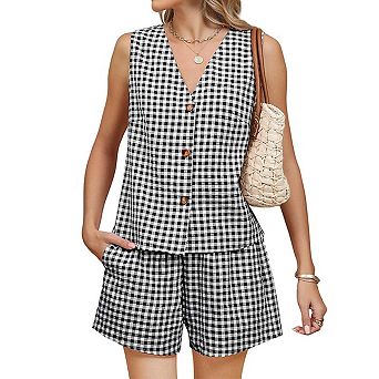 Women's Plaid V-Neck Button Tank and Shorts Set Casual 2 pc Outfit
