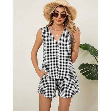 Women's Plaid V-Neck Button Tank and Shorts Set Casual 2-Piece Outfit