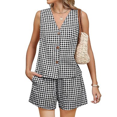 Women's Plaid V-Neck Button Tank and Shorts Set Casual 2-Piece Outfit