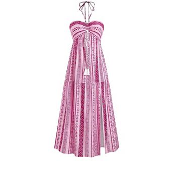 Women's Halter Neck Tassel Tie Maxi Dress Ruched Bust Tiered Flowy Bohemian Summer Dress