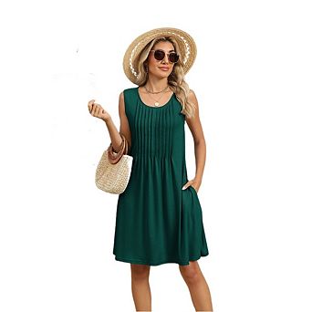 Womens Sleeveless Crewneck Summer Dress Floral Print Pleated Loose Beach Sundresses with Pockets
