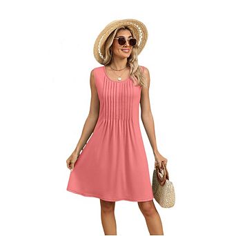 Womens Sleeveless Crewneck Summer Dress Floral Print Pleated Loose Beach Sundresses with Pockets