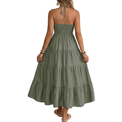 Women's Halter Neck Tiered Ruched Smocked Back Flowy Ruffle Maxi Dress
