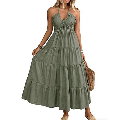 Women's Halter Neck Tiered Ruched Smocked Back Flowy Ruffle Maxi Dress