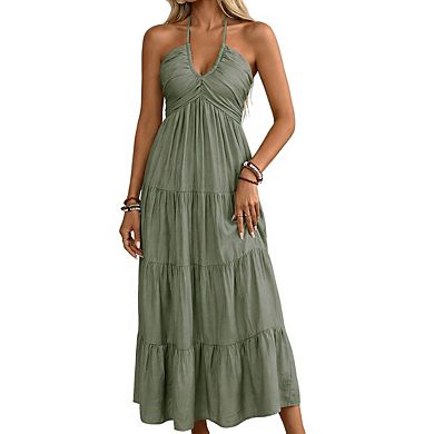 Women's Halter Neck Tiered Ruched Smocked Back Flowy Ruffle Maxi Dress