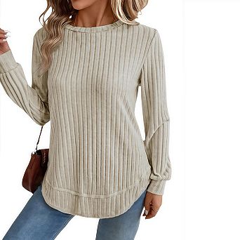 Womens Plus Size Tunic Tops Loose Fit Dressy Long Sleeve Shirts Sweaters Crew Neck with Curved Hem