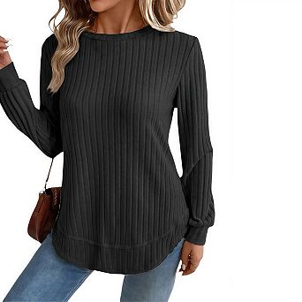 Womens Plus Size Tunic Tops Loose Fit Dressy Long Sleeve Shirts Sweaters Crew Neck with Curved Hem