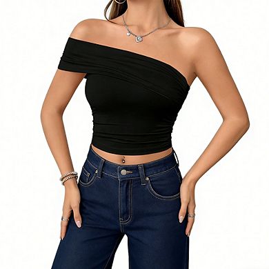 Women's Ruched One Shoulder Crop Top Asymmetrical Neck Fitted Blouse