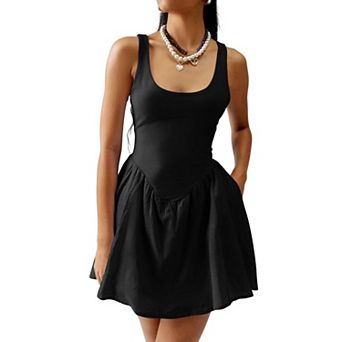 Womens Trendy Summer Mini Dress Smocked Sleeveless Sundress Beach Vacation Dresses with Pockets
