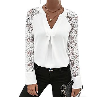 Women's Long Sleeve Lace Top Split Neckline Curved Hem Casual Shirts