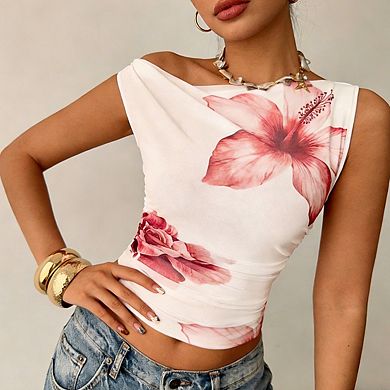 Women's One Shoulder Ruched Crop Top Floral Print Asymmetrical Cap Sleeve Shirts