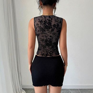 Women's Slim Fit Flocked Mesh Lace V-Neck Cami Top