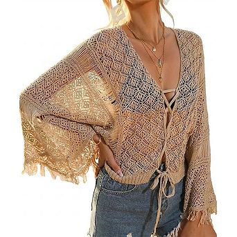 Women's Knit Bikini Cover Up Cardigan with Fringe Bell Sleeves Beach Swim Cover-Up