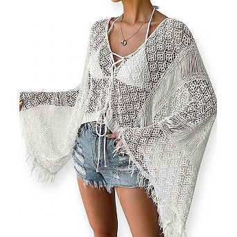 Women's Knit Bikini Cover Up Cardigan with Fringe Bell Sleeves Beach Swim Cover-Up