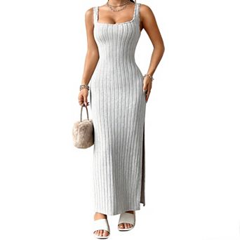 Women's Ribbed Knit Square Neck Maxi Dress - Wide Strap Back Cutout High Side Slit Long Dress