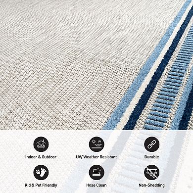 Coastal Border Ivory/Multi Indoor/Outdoor High-Low Area Rug