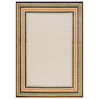Indoor/Outdoor High-Low Textured Area Rug, Coastal Border Ivory/Multi, Easy-Clean Patio Rug