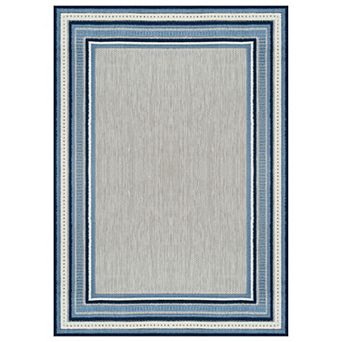 Indoor/Outdoor High-Low Textured Area Rug, Coastal Border Ivory/Multi, Easy-Clean Patio Rug