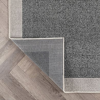 Modern Geometric Stripe Bordered Area Rug for Living Room, Bedroom, or Entryway Low Pile Rug