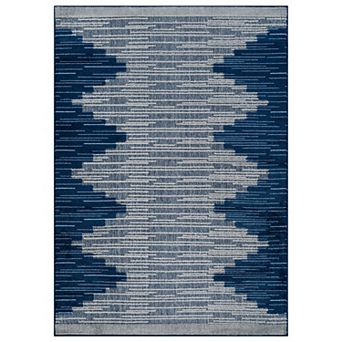 Indoor/Outdoor High-Low Textured Area Rug, Geometric Navy/Blue, Easy-Clean Patio Rug