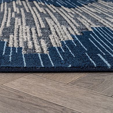 Indoor/Outdoor High-Low Textured Area Rug, Geometric Navy/Blue, Easy-Clean Patio Rug