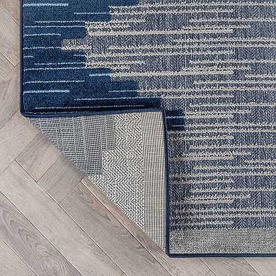 Indoor/Outdoor High-Low Textured Area Rug, Geometric Navy/Blue, Easy-Clean Patio Rug