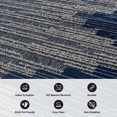 Indoor/Outdoor High-Low Textured Area Rug, Geometric Navy/Blue, Easy-Clean Patio Rug