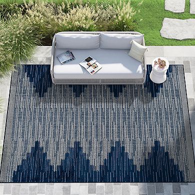 Indoor/Outdoor High-Low Textured Area Rug, Geometric Navy/Blue, Easy-Clean Patio Rug