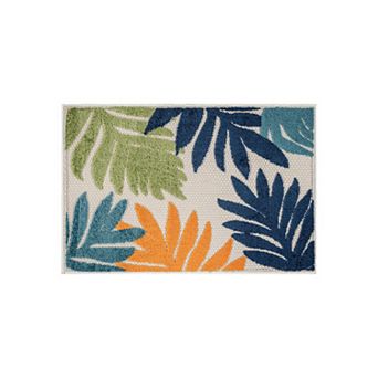 Indoor/Outdoor High-Low Textured Area Rug, Palm Ivory/Multi, Easy-Clean Patio Rug