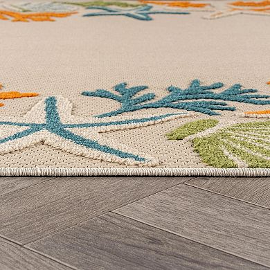 Indoor/Outdoor High-Low Textured Area Rug, Coastal Border Ivory/Multi, Easy-Clean Patio Rug