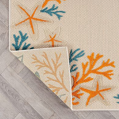 Indoor/Outdoor High-Low Textured Area Rug, Coastal Border Ivory/Multi, Easy-Clean Patio Rug