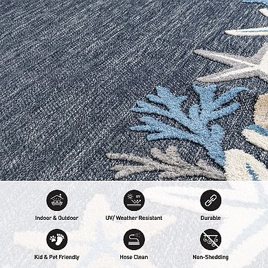 Indoor/Outdoor High-Low Textured Area Rug, Coastal Border Ivory/Multi, Easy-Clean Patio Rug