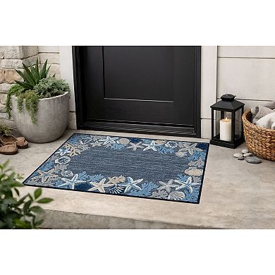 Indoor/Outdoor High-Low Textured Area Rug, Coastal Border Ivory/Multi, Easy-Clean Patio Rug